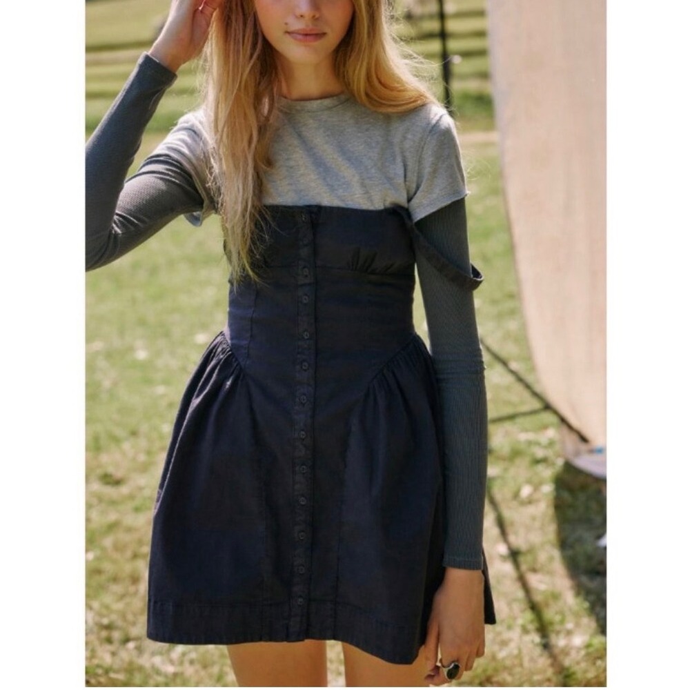 Free People Astrid Oxford Dress Black Button Front Mini Smocked Back - XSmall